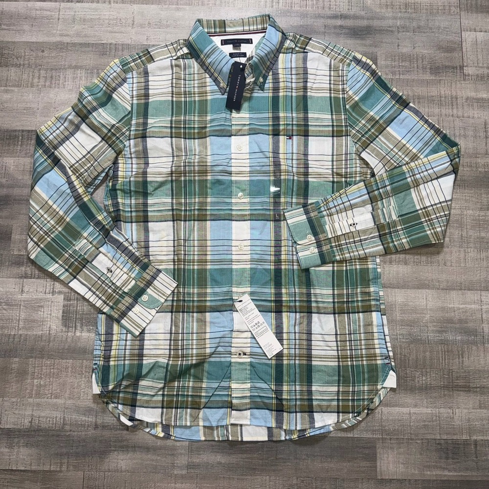 Tommy Hilfiger Mens Large Regular Fit Button Down Shirt Multi Color Plaid NWT